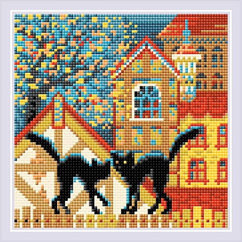 Алмазная мозаика Город и кошки, Осень Риолис