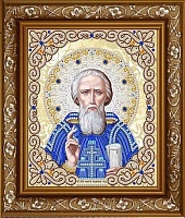 Ткань с рисунком для вышивания бисером Святой Сергий Радонежский в жемчуге и кристаллах 