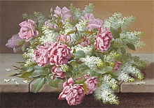 Рисунок для вышивания лентами Розовые розы и сирень 