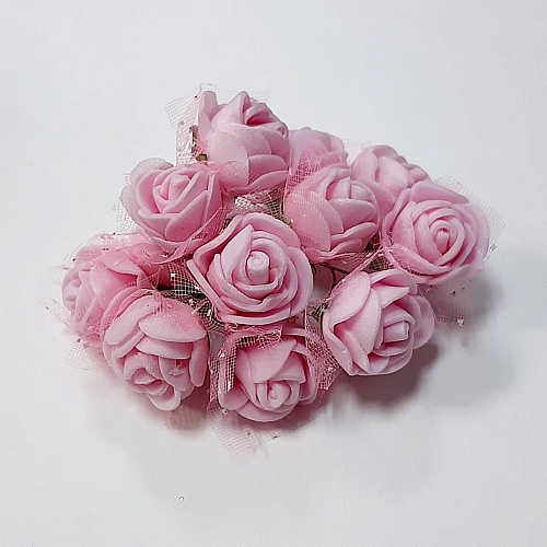 Роза фоамиран на веточке с сеточкой Светло-розовый 20 мм 12 шт в букете