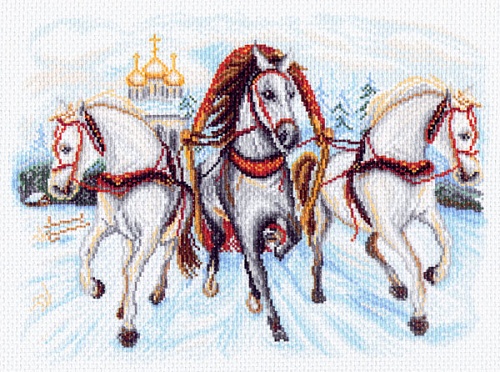 Канва с рисунком для вышивки нитками Тройка лошадей 