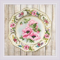 Набор для вышивания гладью Тарелка с розовыми маками 21 х 21 см 10 цветов