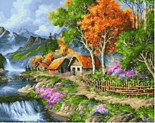 Картина по номерам Домики у водопада