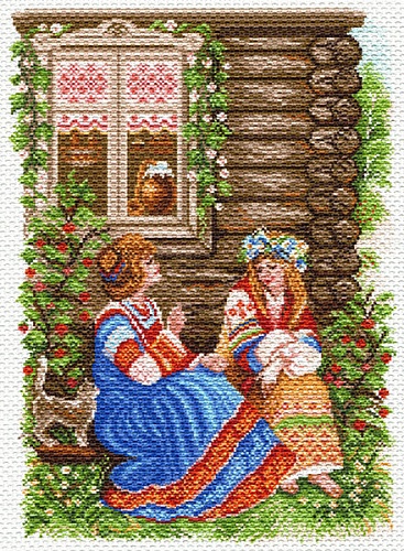 Канва с рисунком для вышивки нитками Деревенские посиделки 