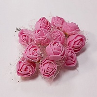 Роза фоамиран на веточке с сеточкой Розовый 20 мм 12 шт в букете