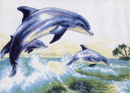 Канва с рисунком для вышивки нитками Дельфины