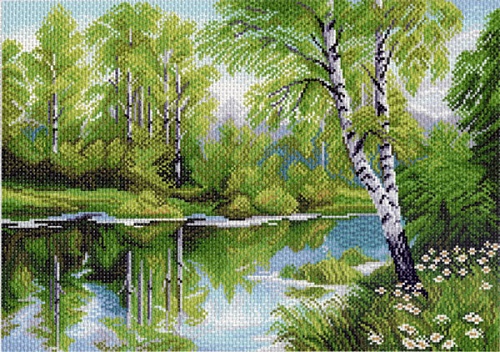 Канва с рисунком для вышивки нитками Березы у озера 