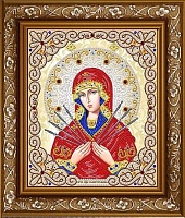 Ткань с рисунком для вышивания бисером Богородица Семистрельная в жемчуге и кристаллах 
